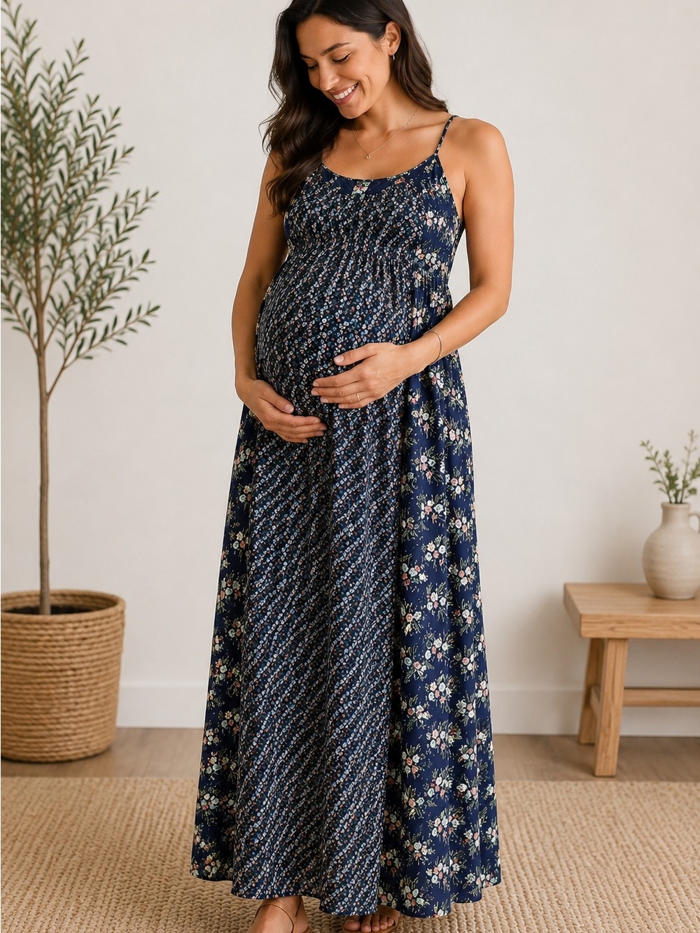 Motherhood‎ Maxi spaghetti straps Navy Floral Maternity Dress L
